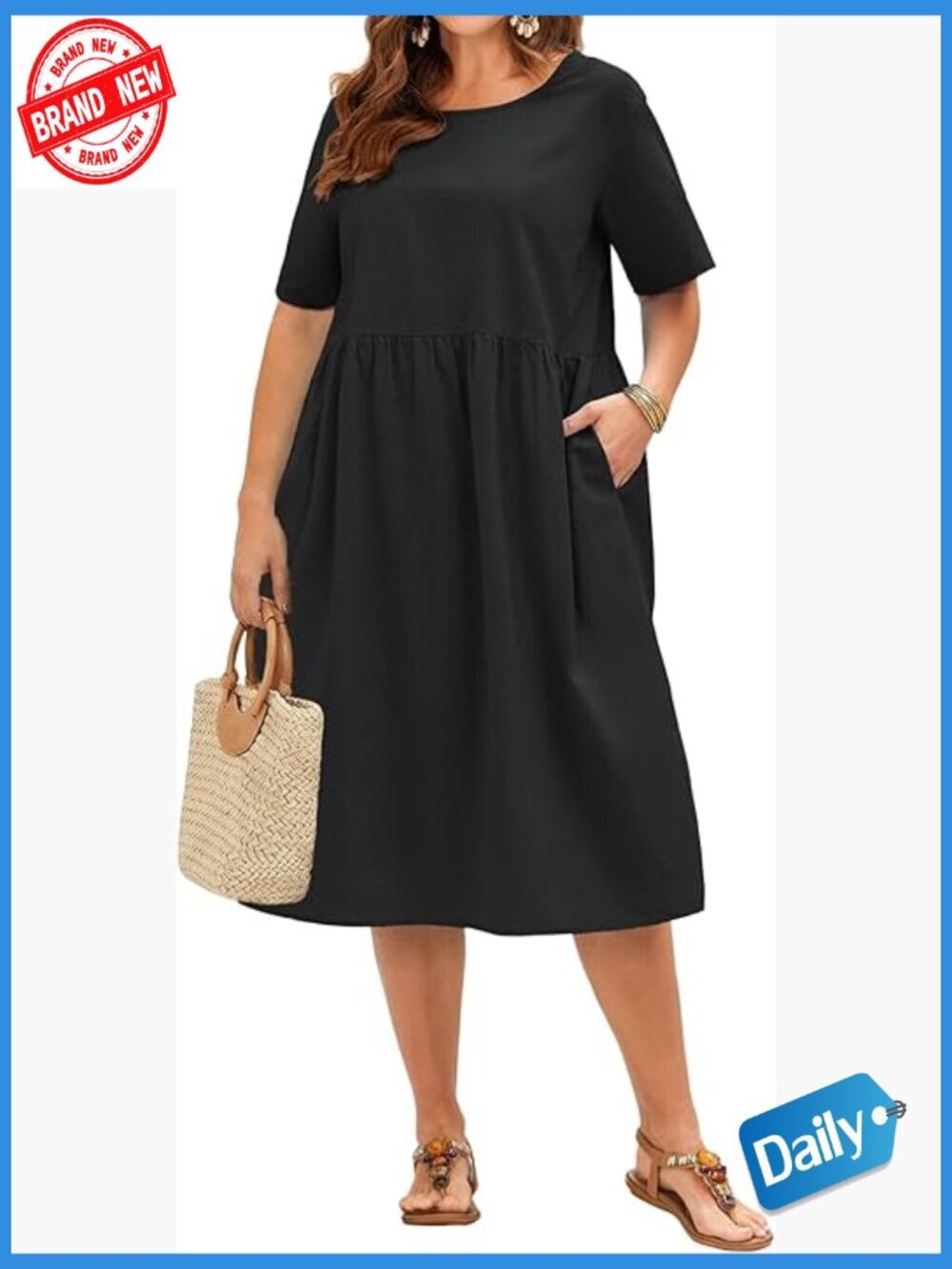 Plus Size Cotton Linen Midi Dress Short Sleeve with Pockets